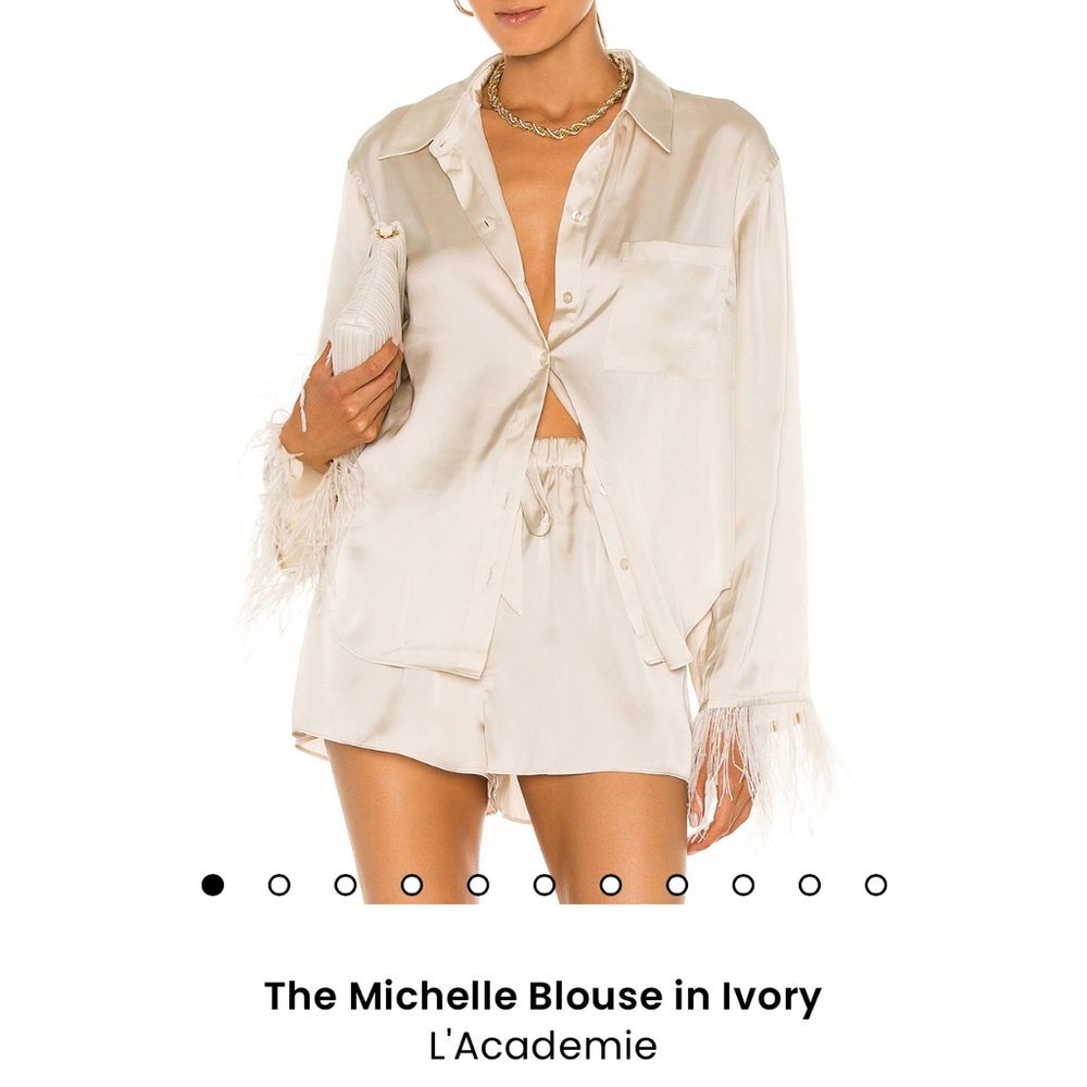 L'Academie Ivory Feather-Trim Blouse and Shorts